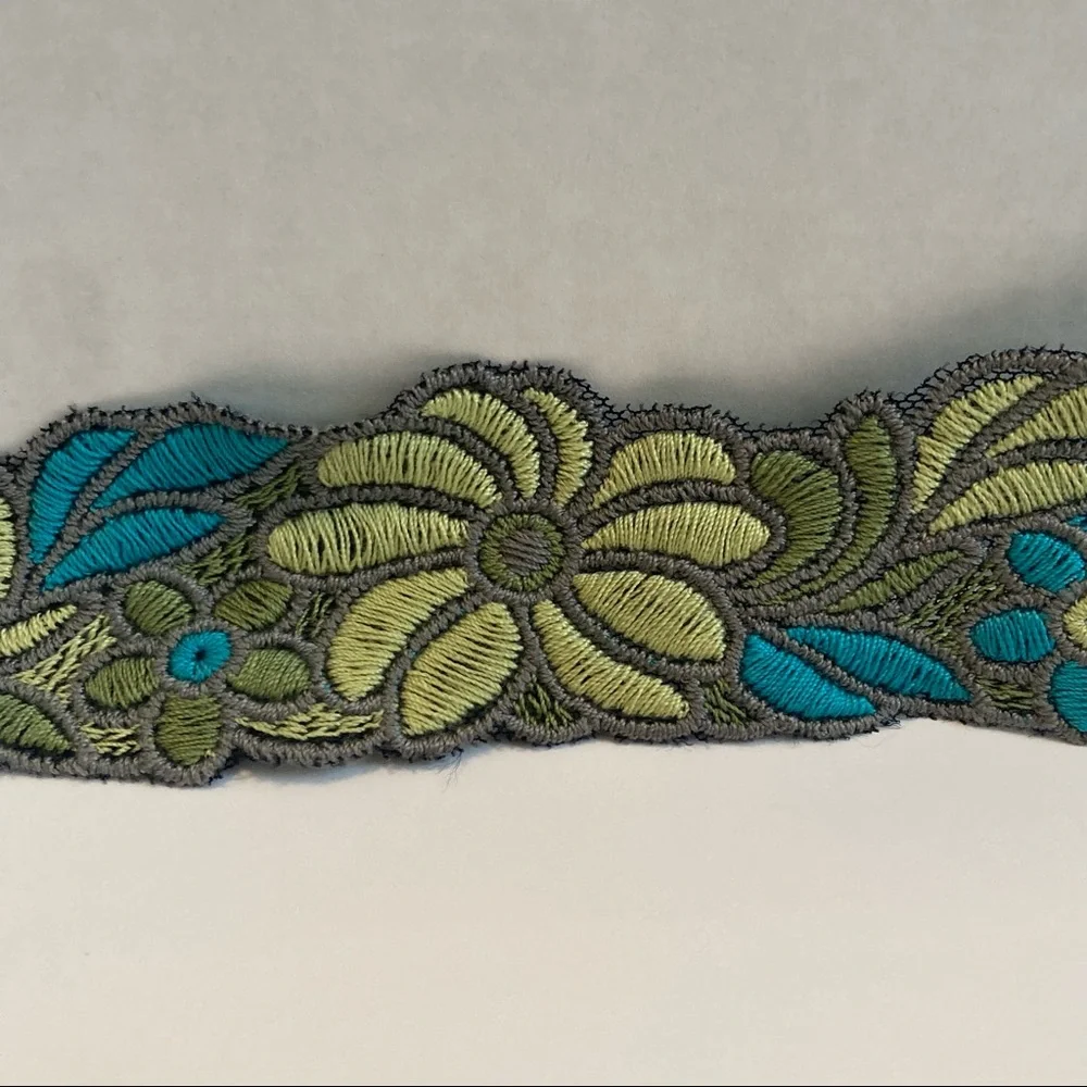 Blue Green Floral Flower Trim Embroidery 2